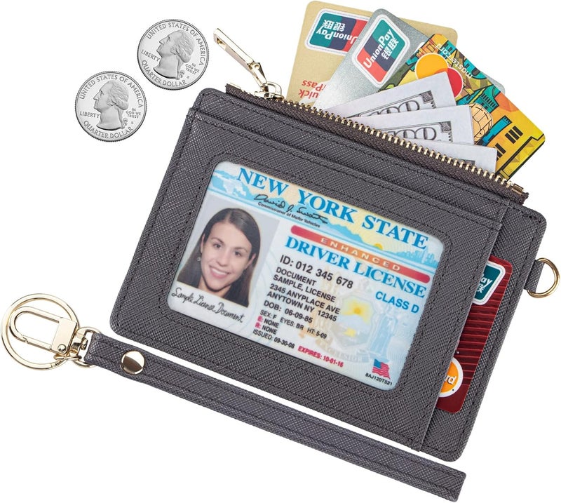 Wikavanli Women Slim Rfid Blocking Credit Card Case Holder Wristlet Zip ID Case Wallet Small Compact Leather Wallet Coin Purse with Keychain (Gray a) - Image 2